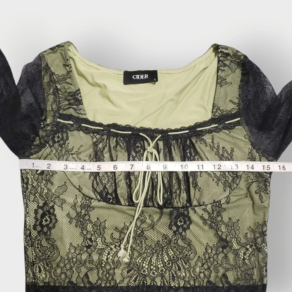 Cider Green Black Lace Flare Long Bell Sleeve Crop Top Fairycore Goth Large - Picture 9 of 12